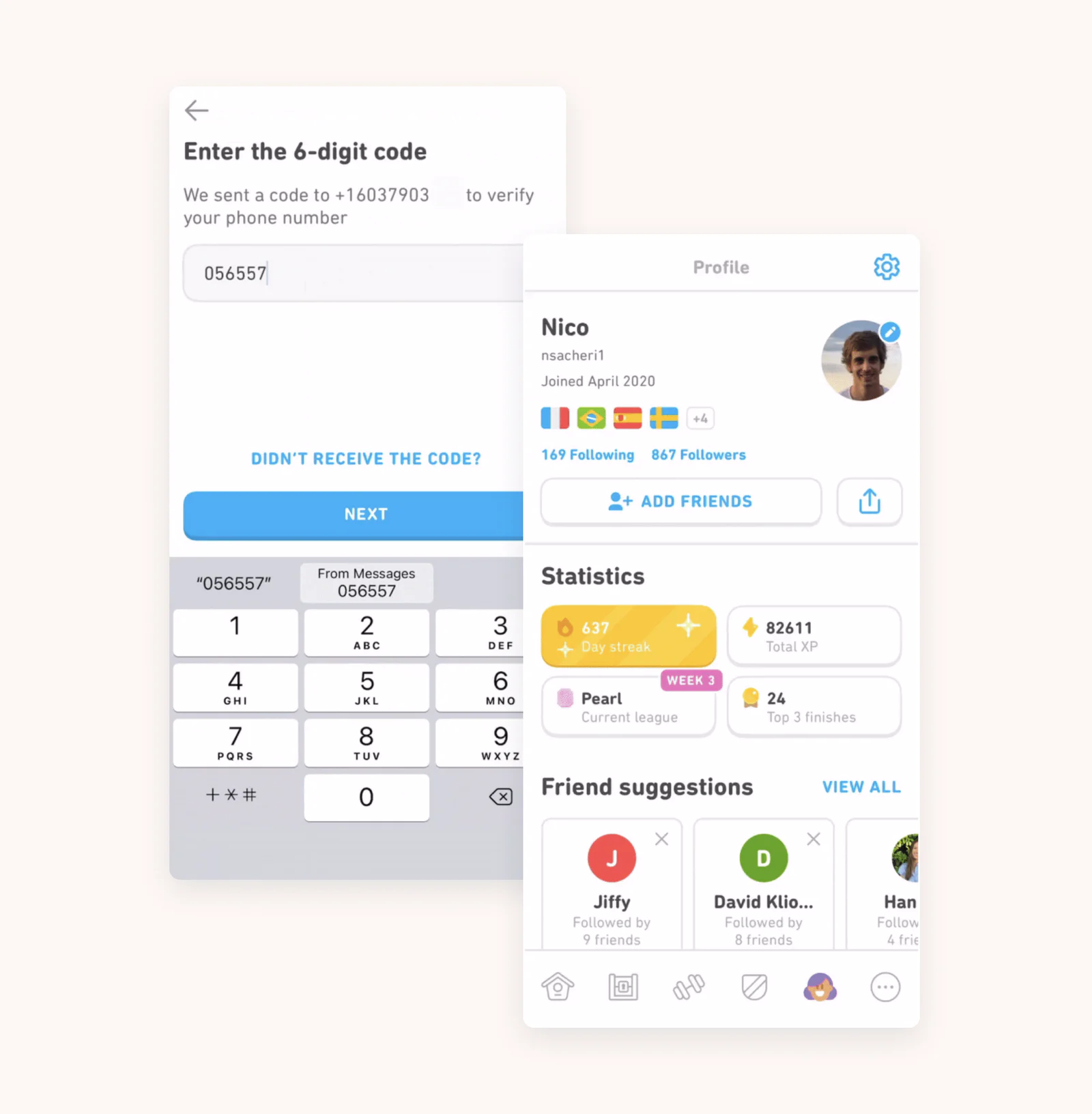 duolingo UI showing the 6 digit verification code to access the user account duolingo UI showing the 6 digit verification code to access the user account