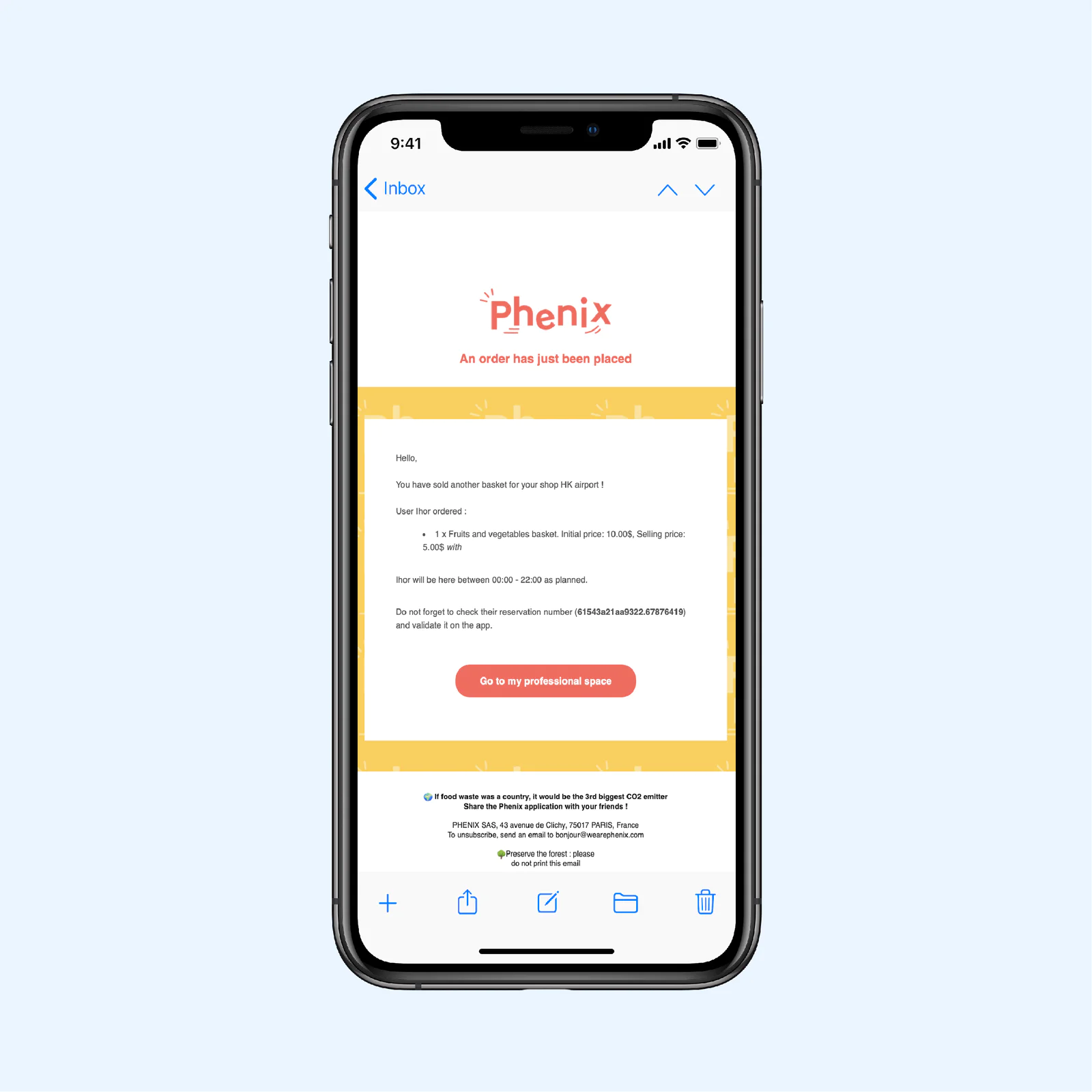 Phenix email of an order that has been placed