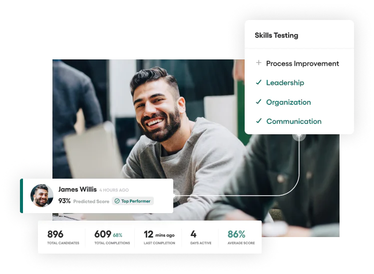 Employee Performance and Skills Testing Overview Smiling man with performance details and skills testing results displayed.